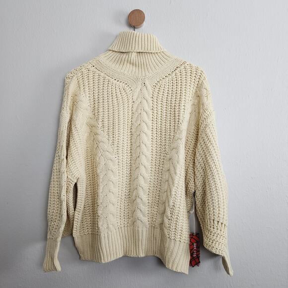 NWT Cream Cable Knit Turtleneck Sweater Balloon Sleeve Chunky Knit S/M - Picture 2 of 12